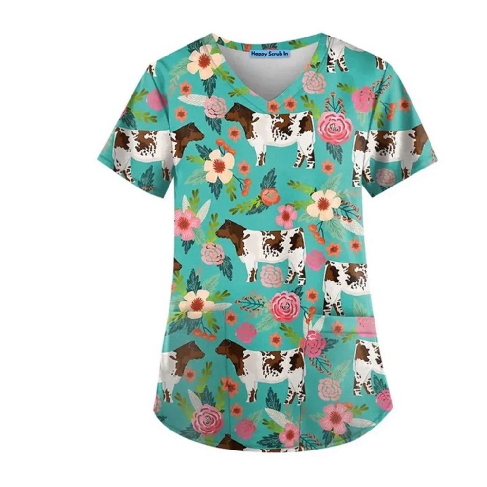 Colorful Cow Print Scrub Top